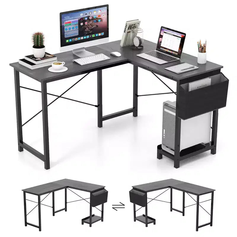 Bureau d'ordinateur en L réversible avec sac de rangement latéral et support d'unité centrale Gris foncé