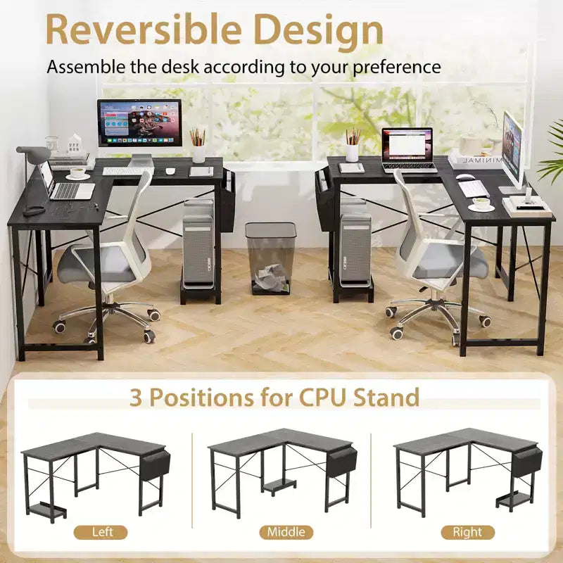 Bureau d'ordinateur en L réversible avec sac de rangement latéral et support d'unité centrale Gris foncé