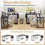 Bureau d'ordinateur en L réversible avec sac de rangement latéral et support d'unité centrale Gris foncé