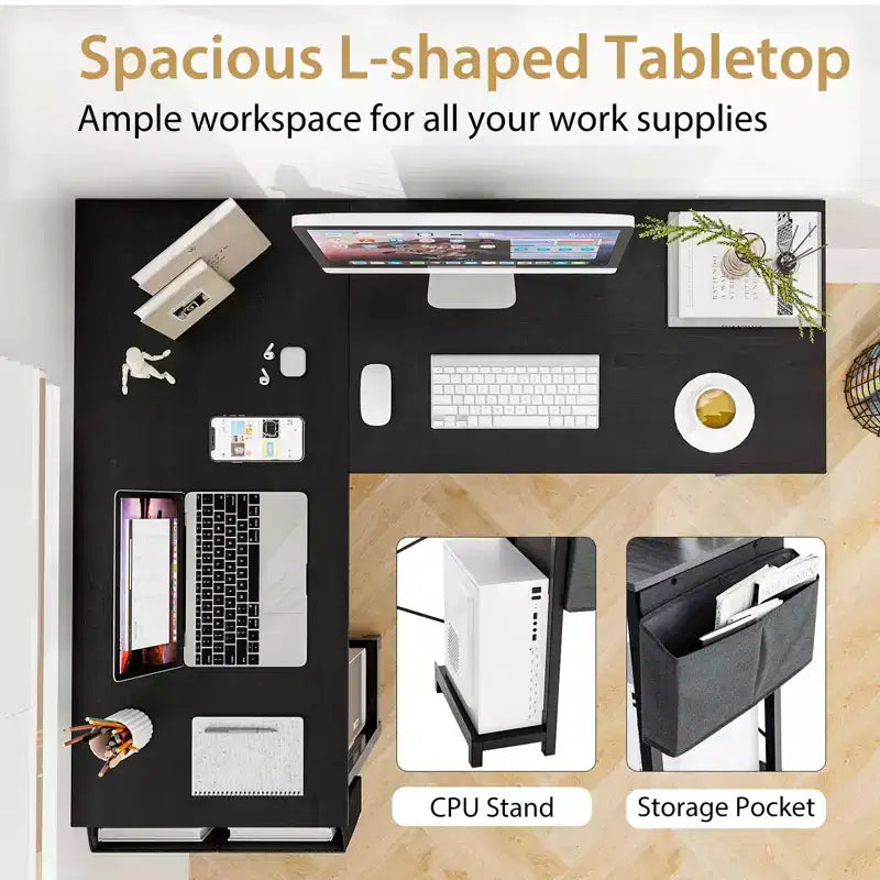 Bureau d'ordinateur en L réversible avec sac de rangement latéral et support d'unité centrale Gris foncé