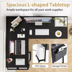 Bureau d'ordinateur en L réversible avec sac de rangement latéral et support d'unité centrale Gris foncé