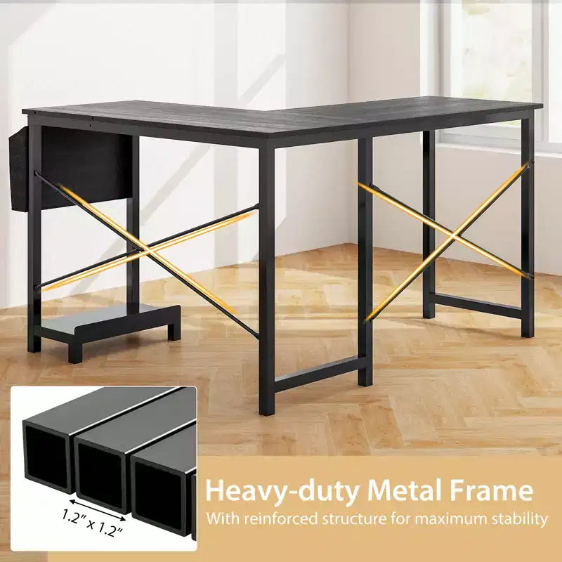 Bureau d'ordinateur en L réversible avec sac de rangement latéral et support d'unité centrale Gris foncé