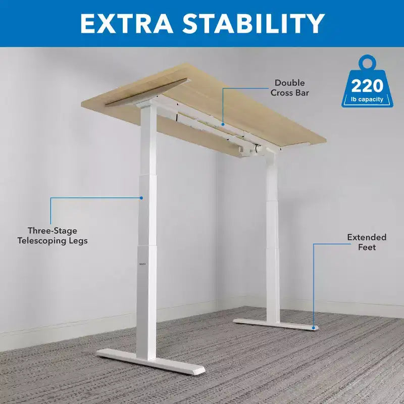 Bureau assis-debout électrique à deux moteurs avec plateau de 55 pouces, érable et blanc