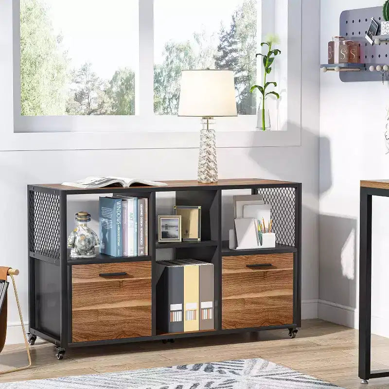 2 Drawer Wood File Cabinet, Mobile Lateral Filing Cabine with Storage Shelves