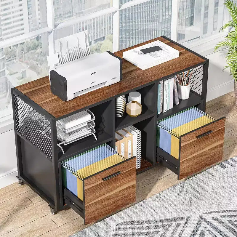 2 Drawer Wood File Cabinet, Mobile Lateral Filing Cabine with Storage Shelves