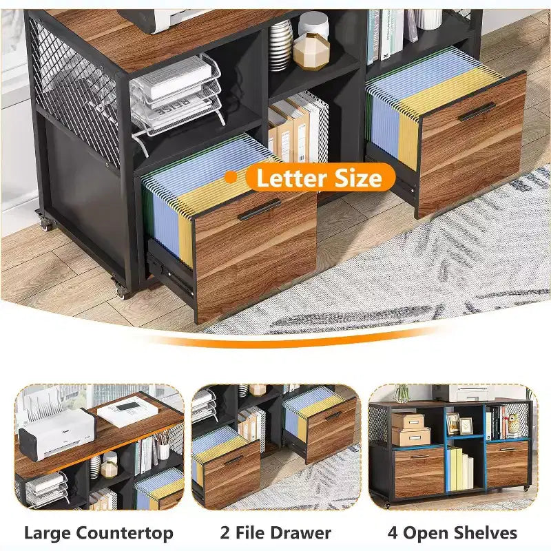2 Drawer Wood File Cabinet, Mobile Lateral Filing Cabine with Storage Shelves