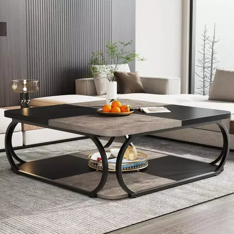 Table basse carrée basse à 2 niveaux 40 Farmhouse avec étagère de rangement en bois et cadre incurvé en métal robuste pour le salon