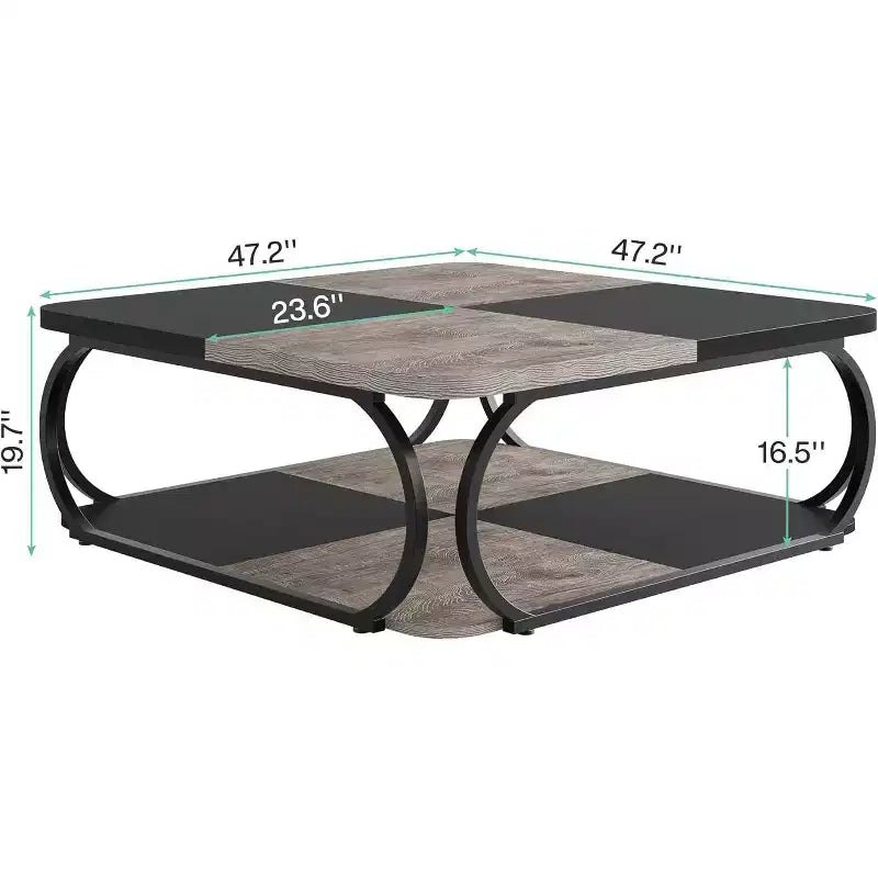 Table basse carrée basse à 2 niveaux 40 Farmhouse avec étagère de rangement en bois et cadre incurvé en métal robuste pour le salon