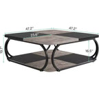 Table basse carrée basse à 2 niveaux 40 Farmhouse avec étagère de rangement en bois et cadre incurvé en métal robuste pour le salon