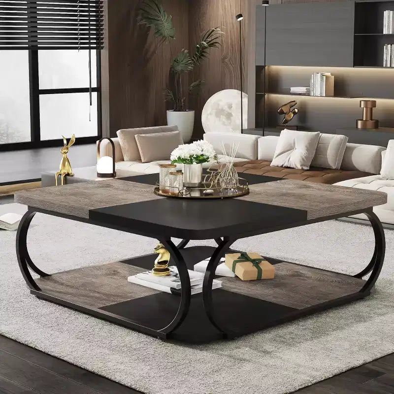Table basse carrée basse à 2 niveaux 40 Farmhouse avec étagère de rangement en bois et cadre incurvé en métal robuste pour le salon