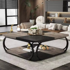 Table basse carrée basse à 2 niveaux 40 Farmhouse avec étagère de rangement en bois et cadre incurvé en métal robuste pour le salon