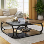 Table basse carrée basse à 2 niveaux 40 Farmhouse avec étagère de rangement en bois et cadre incurvé en métal robuste pour le salon