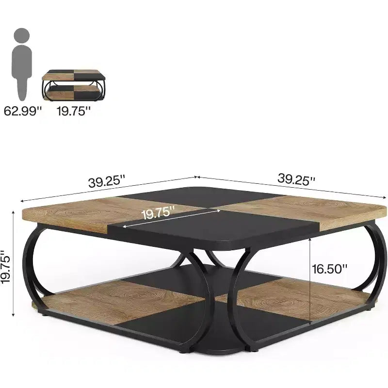 Table basse carrée basse à 2 niveaux 40 Farmhouse avec étagère de rangement en bois et cadre incurvé en métal robuste pour le salon
