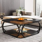 Table basse carrée basse à 2 niveaux 40 Farmhouse avec étagère de rangement en bois et cadre incurvé en métal robuste pour le salon