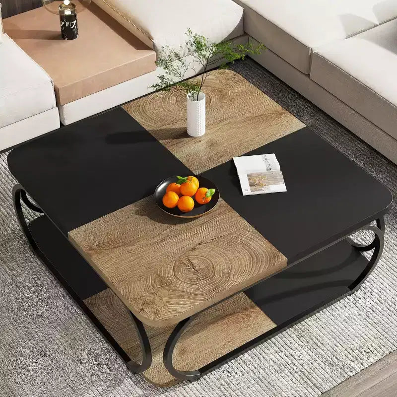 Table basse carrée basse à 2 niveaux 40 Farmhouse avec étagère de rangement en bois et cadre incurvé en métal robuste pour le salon