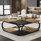 Table basse carrée basse à 2 niveaux 40 Farmhouse avec étagère de rangement en bois et cadre incurvé en métal robuste pour le salon