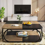 Table basse carrée basse à 2 niveaux 40 Farmhouse avec étagère de rangement en bois et cadre incurvé en métal robuste pour le salon