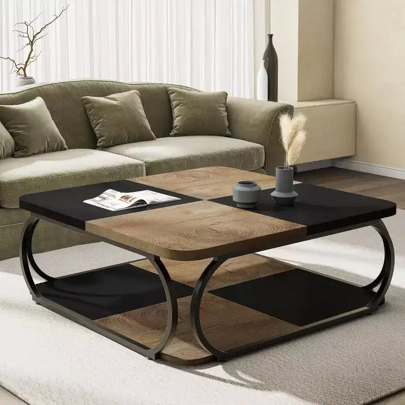 Table basse carrée basse à 2 niveaux 40 Farmhouse avec étagère de rangement en bois et cadre incurvé en métal robuste pour le salon