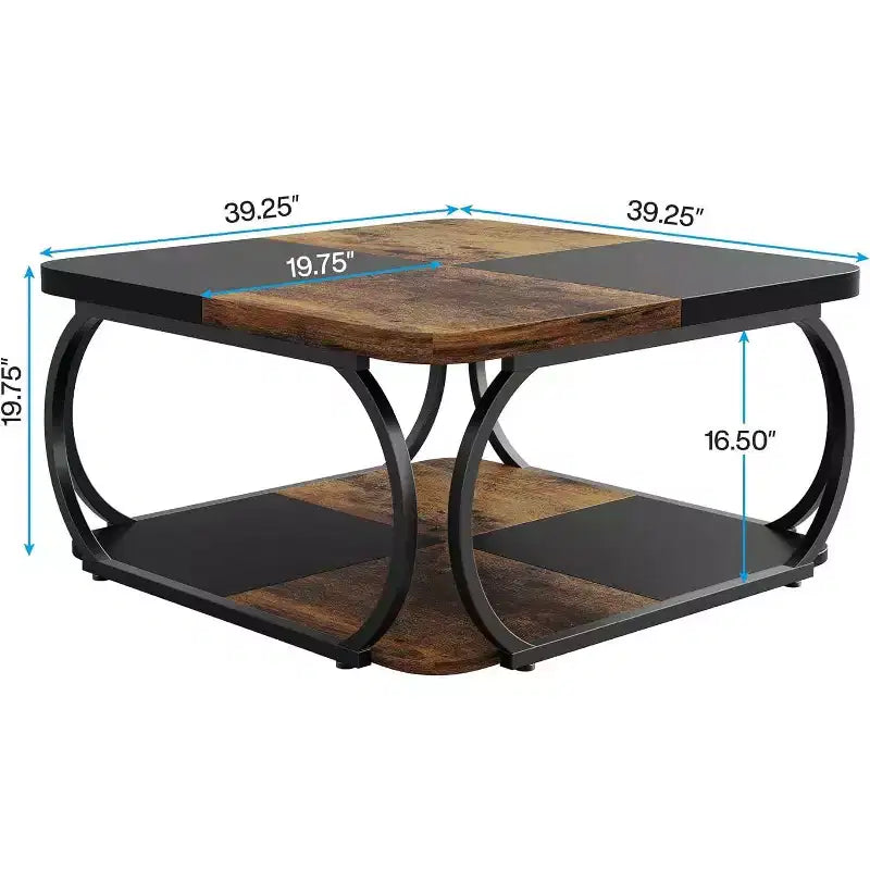 Table basse carrée basse à 2 niveaux 40 Farmhouse avec étagère de rangement en bois et cadre incurvé en métal robuste pour le salon