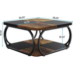 Table basse carrée basse à 2 niveaux 40 Farmhouse avec étagère de rangement en bois et cadre incurvé en métal robuste pour le salon