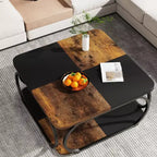 Table basse carrée basse à 2 niveaux 40 Farmhouse avec étagère de rangement en bois et cadre incurvé en métal robuste pour le salon