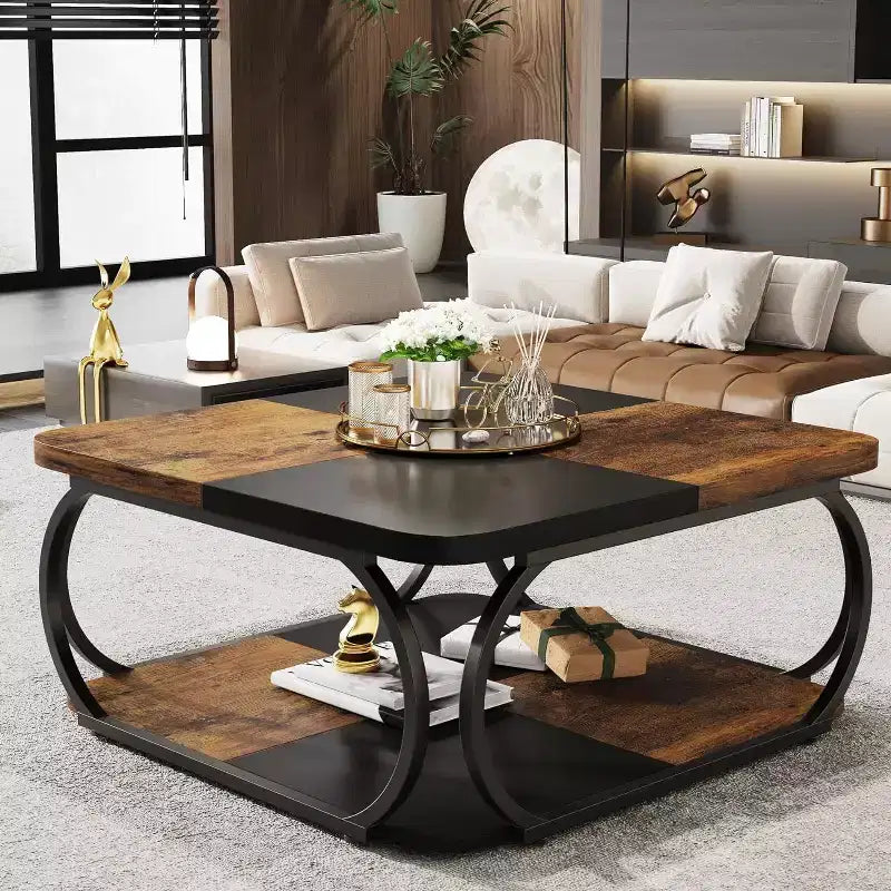 Table basse carrée basse à 2 niveaux 40 Farmhouse avec étagère de rangement en bois et cadre incurvé en métal robuste pour le salon