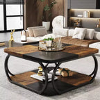 Table basse carrée basse à 2 niveaux 40 Farmhouse avec étagère de rangement en bois et cadre incurvé en métal robuste pour le salon