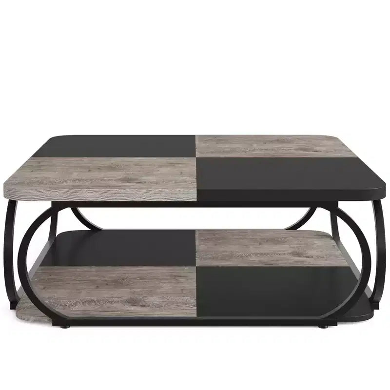 Table basse carrée basse à 2 niveaux 40 Farmhouse avec étagère de rangement en bois et cadre incurvé en métal robuste pour le salon