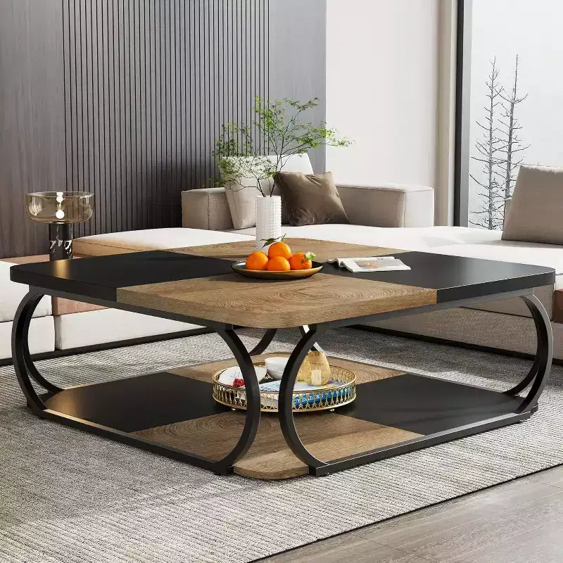 Table basse carrée basse à 2 niveaux 40 Farmhouse avec étagère de rangement en bois et cadre incurvé en métal robuste pour le salon