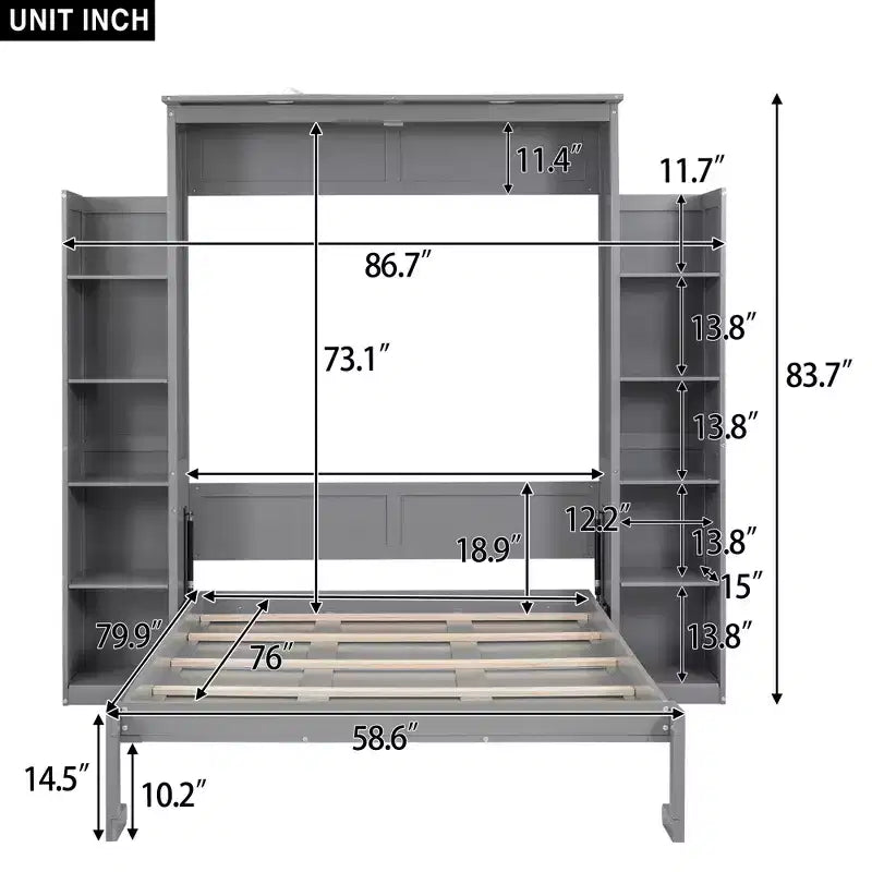 Lit escamotable/mural queen size avec étagères et lumières LED 4A