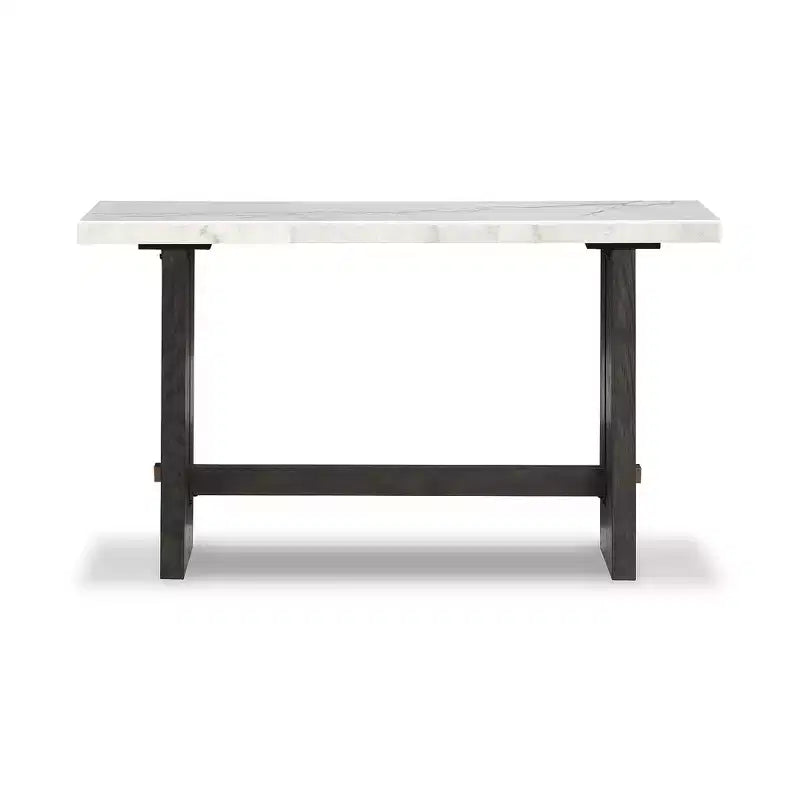 Table console Burkhaus, plateau en marbre naturel, console en chêne marron foncé pour salon