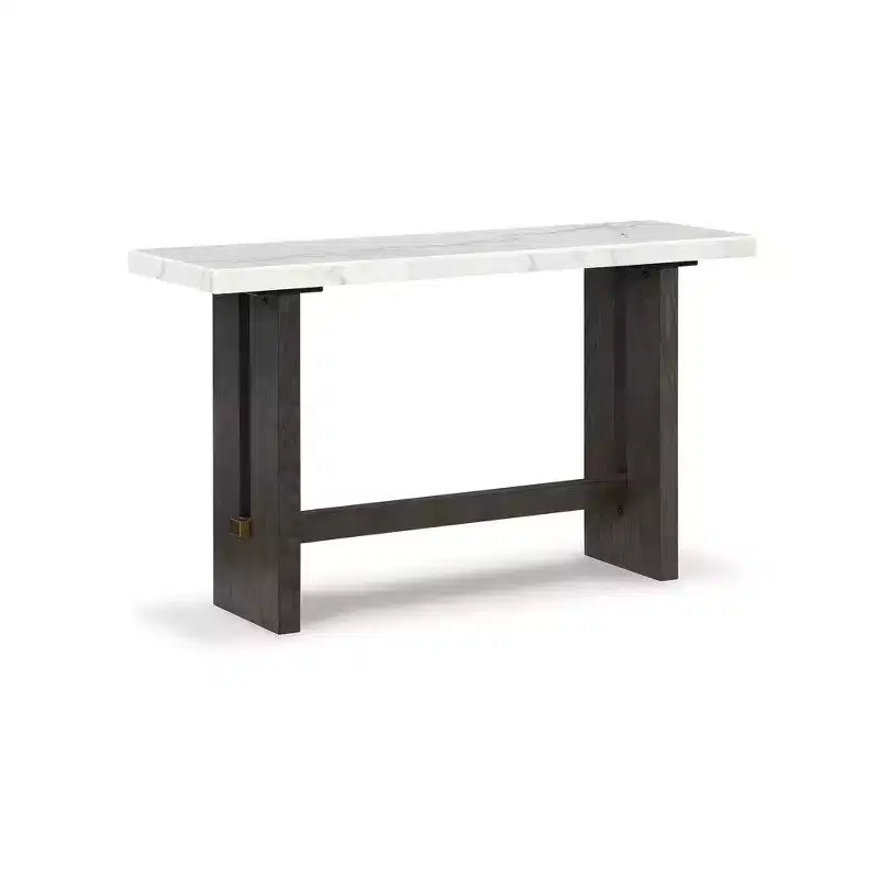 Table console Burkhaus, plateau en marbre naturel, console en chêne marron foncé pour salon