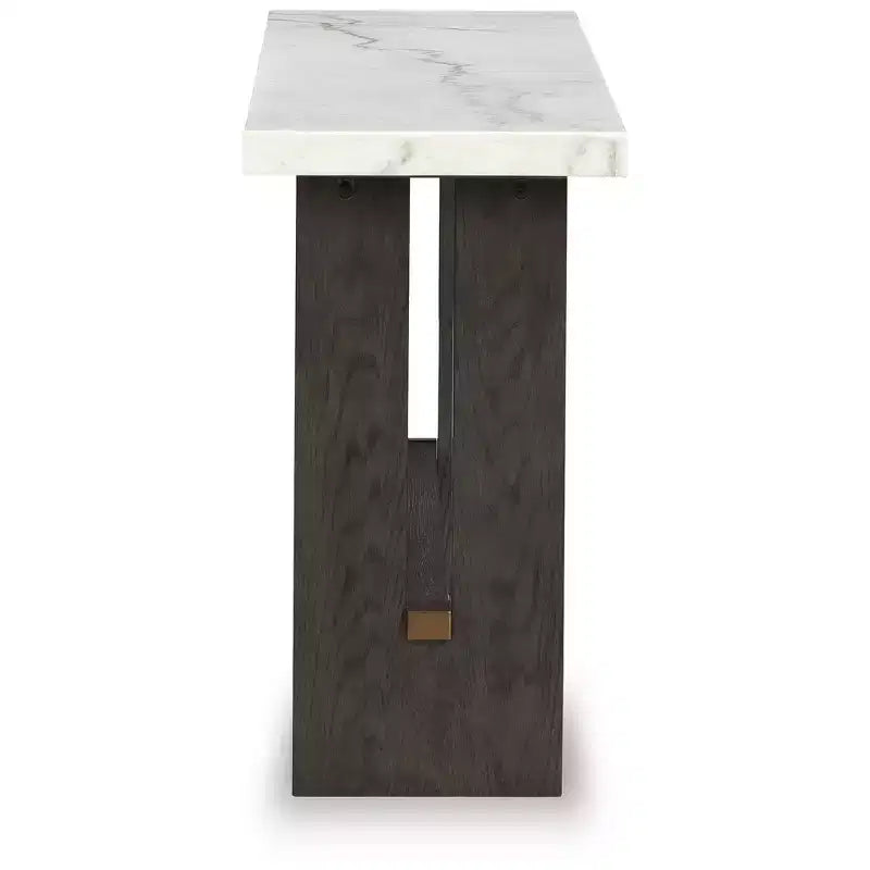 Table console Burkhaus, plateau en marbre naturel, console en chêne marron foncé pour salon