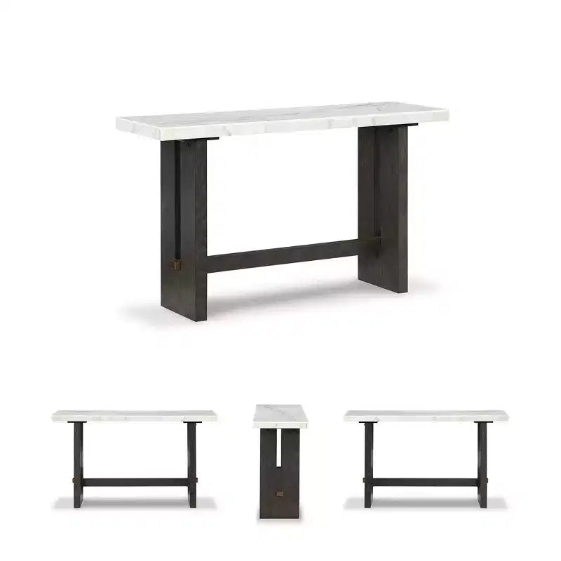Table console Burkhaus, plateau en marbre naturel, console en chêne marron foncé pour salon
