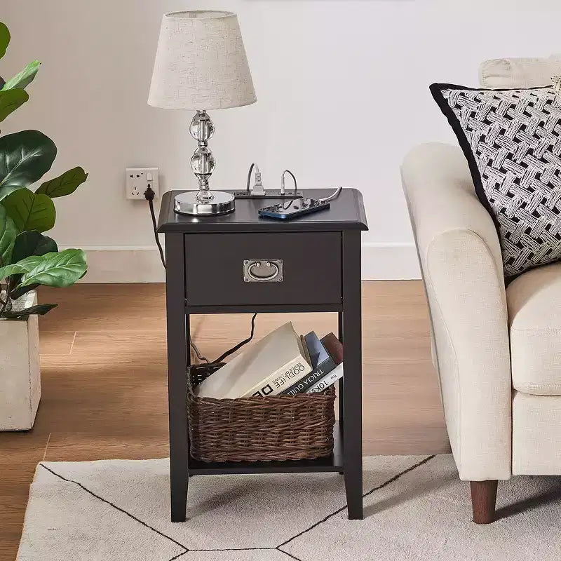 Table de chevet - avec station de charge, table d'appoint noire avec ports USB, tables de chevet avec étagère de rangement à 3 tiroirs