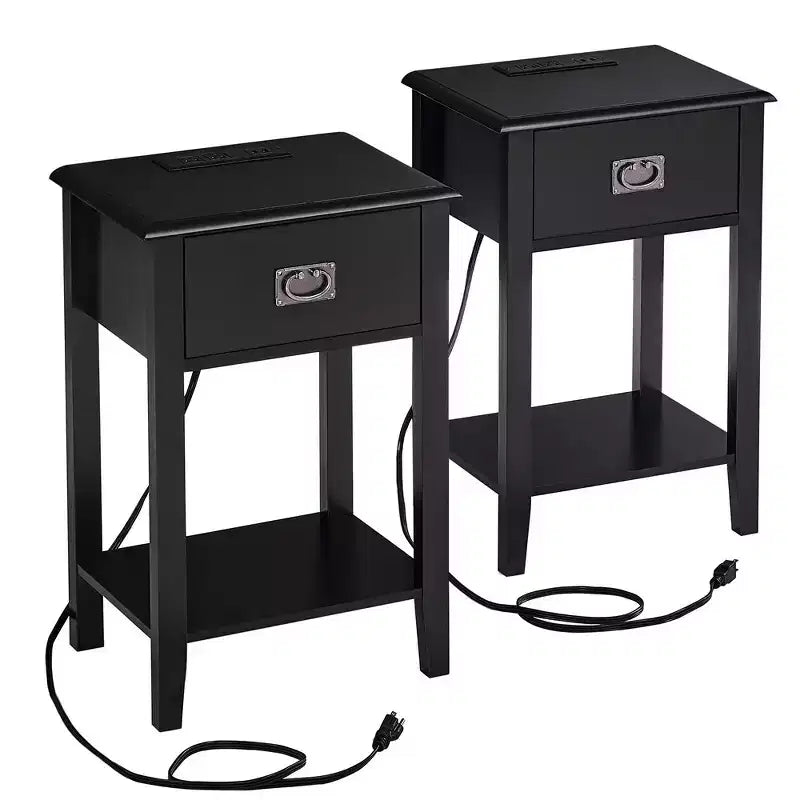 Table de chevet - avec station de charge, table d'appoint noire avec ports USB, tables de chevet avec étagère de rangement à 3 tiroirs