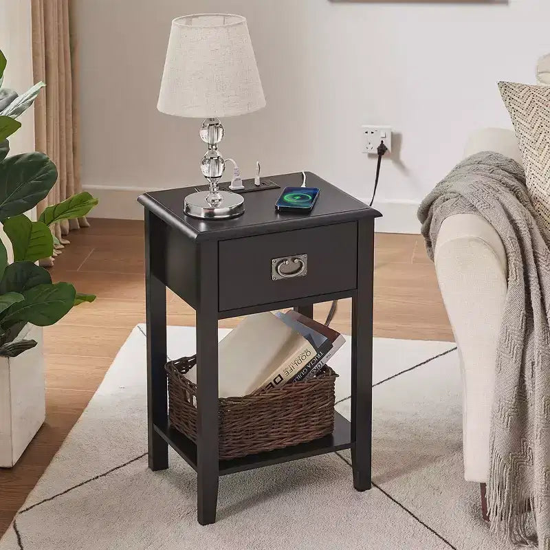 Table de chevet - avec station de charge, table d'appoint noire avec ports USB, tables de chevet avec étagère de rangement à 3 tiroirs